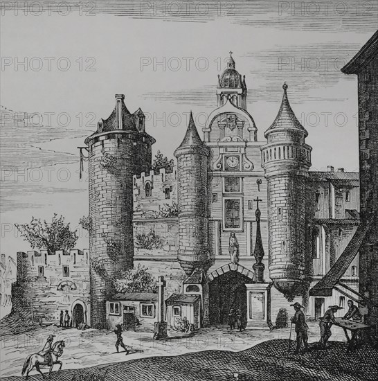 Paris, France. The Grand Chatelet. Fortress built by King Louis VI (1081-1137) on the right bank of the Seine River. It was rebuilt in stone after the Norman incursions. After its use as a fortress was discarded, it became the Provost of Paris' headquarter, housing prisons and torture chambers. It was demolished in 1808 by order of Napoleon. Main facade. Facsimile after an engraving by Matthäus Merian in ""Topographia Galliae"", by Martin Zeiler. Published Frankfurt, 1655. ""Moeurs, usages et costumes au moyen-age et a l'epoque de la Renaissance"", by Paul Lacroix. Paris, 1878.