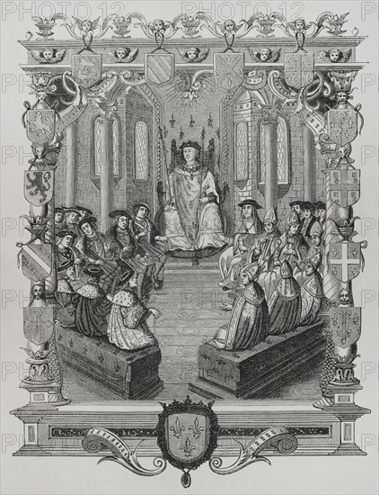 Charles III, Duke of Bourbon (1490-1527). French nobleman and military leader. Trial of the Constable of Bourbon before the court of Peers of France, 1523. 19th-century engraving after ""La Monarchie Francoise"", by Bernard de Montfaucon (1655-1741). Published in Paris, 1729. ""Moeurs, usages et costumes au moyen-age et a l'epoque de la Renaissance"", by Paul Lacroix. Paris, 1878.