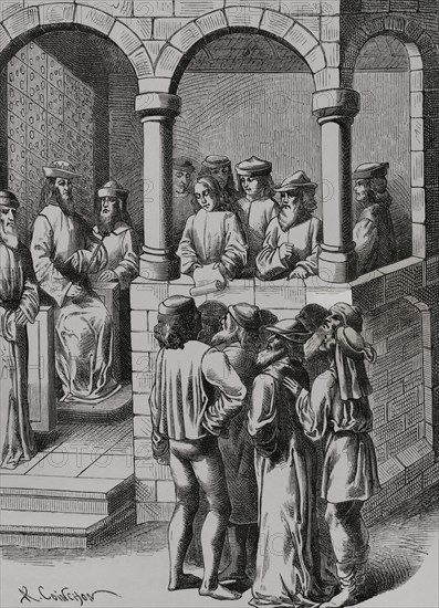 Promulgation of an Edict. Engraving by Albert Coinchon after a miniature in ""Anciennete des Juifs"", a 15th-century manuscript (French translation of the ""History of Josephus""). ""Moeurs, usages et costumes au moyen-age et a l'epoque de la Renaissance"", by Paul Lacroix. Paris, 1878.