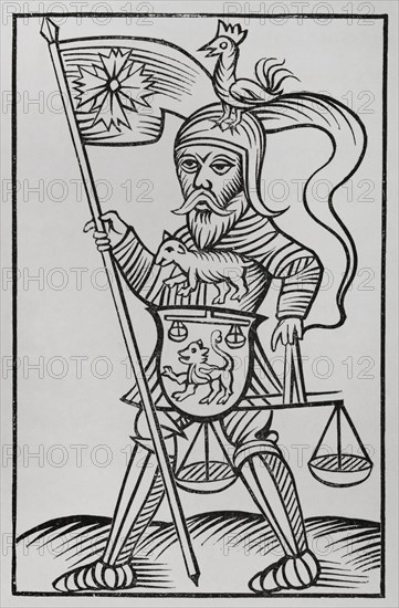 Hermensul or Irmensul. Idol of the Saxons in Westphalia. Facsimile of an engraving in ""Annales Circuli Westphaliae"" by Herman Stangefol, published in 1656. ""Moeurs, usages et costumes au moyen-age et a l'epoque de la Renaissance"", by Paul Lacroix. Paris, 1878.