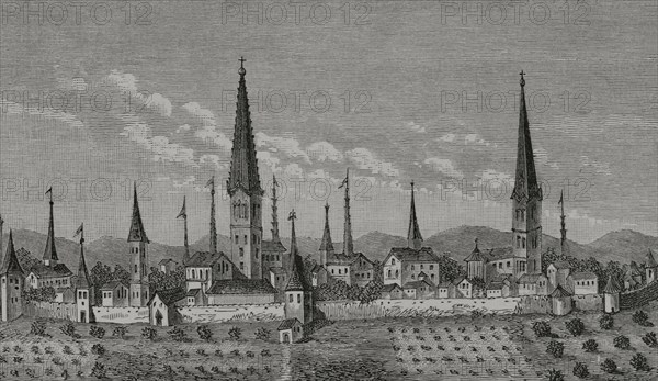 Dortmund, Germany. View of the city in 16th century. After engraving in P. Bertius's Theatrum Geographicum, 1618. ""Moeurs, usages et costumes au moyen-age et a l'epoque de la Renaissance"", by Paul Lacroix. Paris, 1878.