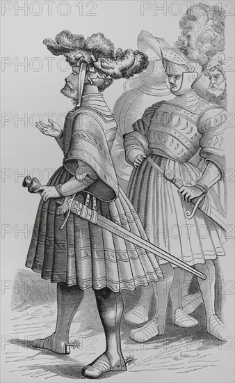 German Knights. Facsimile after an original 15th-century manuscript illustration in ""Vita Imperatoris Maximiliani"", engraved by Burgmayer from a drawing by Albrecht Durer (1471-1528). ""Moeurs, usages et costumes au moyen-age et a l'epoque de la Renaissance"", by Paul Lacroix. Paris, 1878.