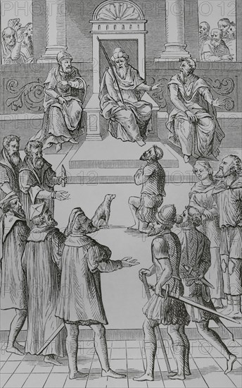 Confession for amends before the tribunal. The condemned person, on his knees, had to confess that he had said or done something against the king's authority or someone's honour, asking for forgiveness from God, to the king and to justice. Engraving. Facsimile after a woodcut in ""Praxis Rerum Criminalium"", by Joos de Damhouder (1507-1581), published in Antwerp, 1556. ""Moeurs, usages et costumes au moyen-age et a l'epoque de la Renaissance"", by Paul Lacroix. Paris, 1878.