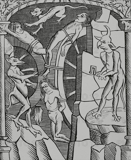 Torture of the wheel, executed by demons. Engraving after ""Le grant Kalendrier et compost des Bergiers"", Troyes, 1529. ""Moeurs, usages et costumes au moyen-age et a l'epoque de la Renaissance"", by Paul Lacroix. Paris, 1878.