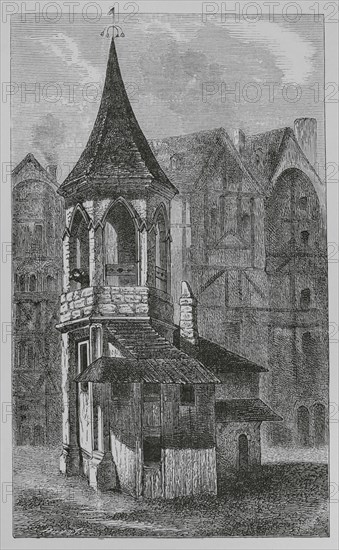 France. The pillory in the market-place (Les Halles) of Paris in the sixteenth century. Engraving by Huyot after a drawing by an unknown artist of 1670. ""Moeurs, usages et costumes au moyen-age et a l'epoque de la Renaissance"", by Paul Lacroix. Paris, 1878.