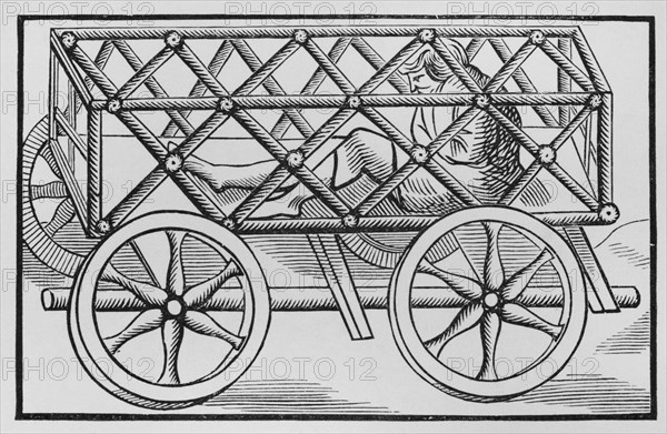 Medieval torture. Movable iron cage. Engraving after a woodcut in Sebastian Munster's ""Cosmographia universalis"", published in Basel in 1552. ""Moeurs, usages et costumes au moyen-age et a l'epoque de la Renaissance"", by Paul Lacroix. Paris, 1878.