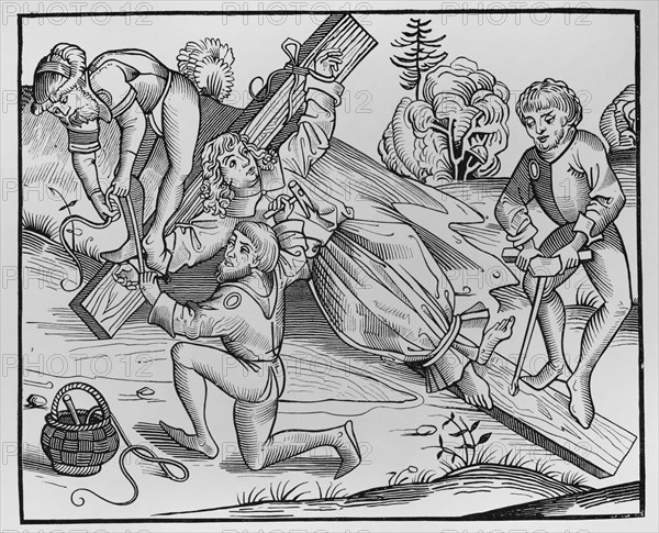 Richard de Pontoise (ca. 1170-1179). Legend of the infant Richard of Pontoise crucified by Jews. Engraving after ""Liber Chronicarum Mundi"", with drawings by Pierre Wolgmuth. Nuremberg, 1493. ""Moeurs, usages et costumes au moyen-age et a l'epoque de la Renaissance"", by Paul Lacroix. Paris, 1878.