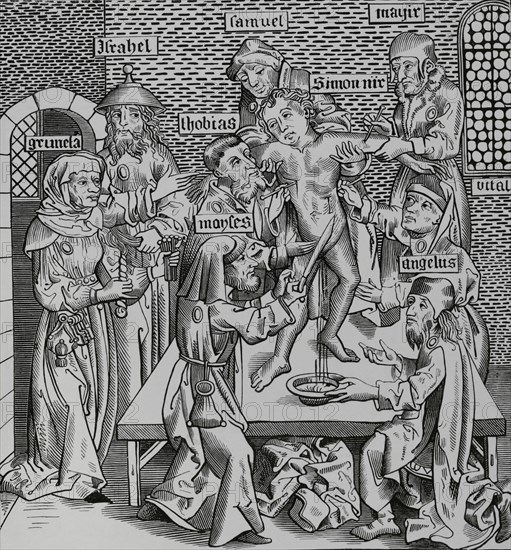 Simon of Trent (1472-1475). Italian infant protagonist of a blood libel according to which he was said to have been killed in a Jewish ritual. The Martyrdom of Simon of Trent. Engraving after ""Liber Chronicarum Mundi"", with drawings by Pierre Wolgmuth. Nuremberg, 1493. ""Moeurs, usages et costumes au moyen-age et a l'epoque de la Renaissance"", by Paul Lacroix. Paris, 1878.