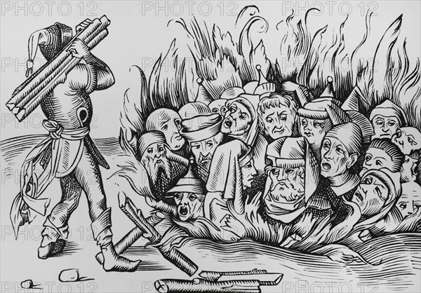 The Jews of Cologne burnt alive on the night of 23-24 August 1349. Facsimile from an engraving in ""Liber Chronicarum Mundi"". Nuremberg, 1493. ""Moeurs, usages et costumes au moyen-age et a l'epoque de la Renaissance"", by Paul Lacroix. Paris, 1878.