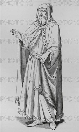 Costume of an Italian Jew in the 14th century. Engraving after a painting by Sano di Pietro (1406-1481). ""Moeurs, usages et costumes au moyen-age et a l'epoque de la Renaissance"", by Paul Lacroix. Paris, 1878.