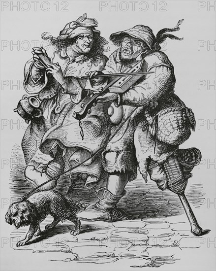 Beggar playing the fiddle, his wife accompanying him with bones. Engraving from a 17th-century French drawing. ""Moeurs, usages et costumes au moyen-age et a l'epoque de la Renaissance"", by Paul Lacroix. Paris, 1878.