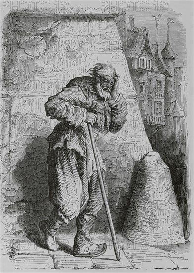 Italian Beggar. Facsimile from an engraving by Jacques Callot (1592-1635). ""Moeurs, usages et costumes au moyen-age et a l'epoque de la Renaissance"", by Paul Lacroix. Paris, 1878.