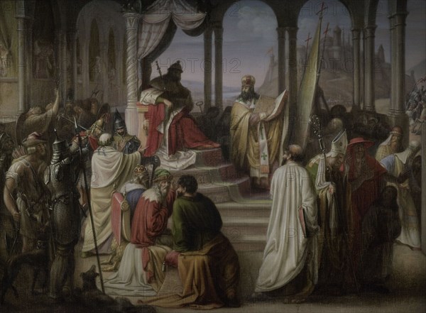 Vladimir I of Kiev (958-1015). Grand Prince of Kiev and Prince of Novgorod. Prince Vladimir chooses a religion in 988. Painting by Johann Leberecht Eggink (1784-1867), 1822. Oil on canvas (55,5 x 74 cm). Latvian National Museum of Art. Riga, Latvia.