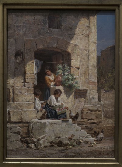 Karlis Huns (1831-1877). Baltic German painter. Italian Courtyard, 1871. Oil on canvas (39,5 x 23,6 cm). Latvian National Museum of Art. Riga, Latvia.