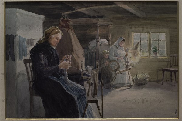 Janis Valters (Johann Walter) (1869-1932). Baltic German artist. Women Spinning. From the album ""Scenes from Latvian Life"", 1896. Watercolour on paper (21,3 x 33 cm). Latvian National Museum of Art. Riga, Latvia.