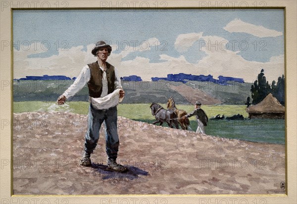 Adams Alksnis (1864-1897). Latvian painter. The Sower. From the album ""Scenes from Latvian Life"", 1896. Watercolour and gouache on paper (21,5 x 33 cm). Latvian National Museum of Art. Riga, Latvia.