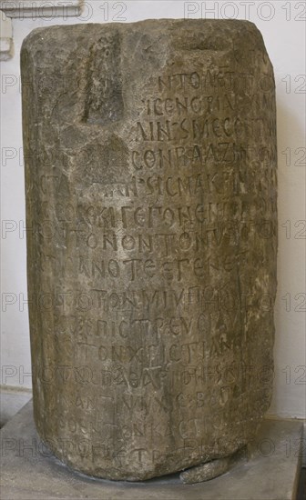 Treaty of 815. 30-year peace agreement signed in Constantinople between the Bulgarian Khan Omurtag (814-831) and the Byzantine Emperor Leo V ""the Armenian"" (813-820). Column bearing the text of the peace treaty between Bulgaria and Byzantium. From Sechishte village (Suleiman kyuoi), Shumen region, Bulgaria. Around year 815. National Archaeological Museum. Sofia. Bulgaria.