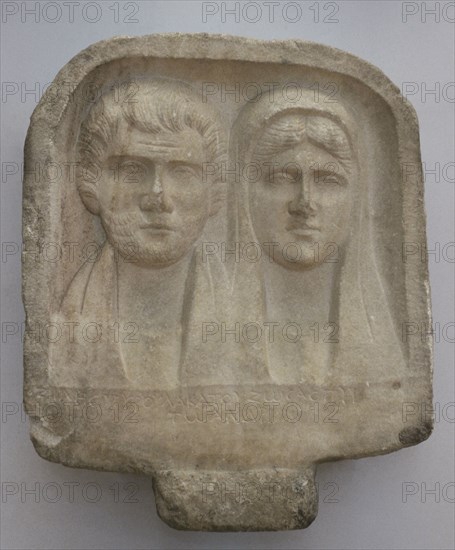 Bust of a bearded man and a woman. Inscription in Greek. Stele of Ziles, son of Pyroulas, erected by his wife Katou. First half of the 3rd century AD. From Laskarevo, Blagoevgrad region, Bulgaria. National Archaeological Museum. Sofia. Bulgaria.