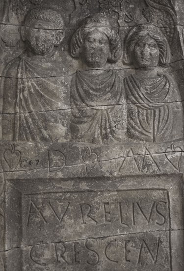 Detail of the stele erected by Praepositus Aurelius Crescentius and his wife Vincentia in memory of Aurelia Vericia. Family portrait. Dated to the beginning of the 4th century AD. From Montana, Bulgaria. National Archaeological Museum. Sofia. Bulgaria.