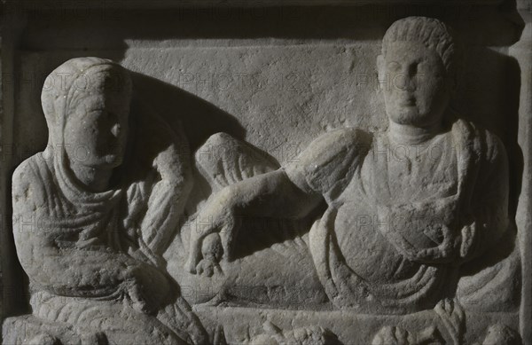 Funeral feast. Stele of Apellas, son of Xenon, and his wife Glykytes, daughter of Haireos. Detail. Early Roman Empire. National Archaeological Museum. Sofia. Bulgaria.