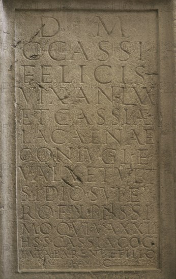 Stele erected by Cassia Cogitata in memory of her parents Cassius Felix and Cassia Lacaena, and her son Vetsidius Super. Detail of the inscription. Dated to the middle of the 2nd century AD. From Archar (Ratiaria), Vidin province, Bulgaria. National Archaeological Museum. Sofia. Bulgaria.