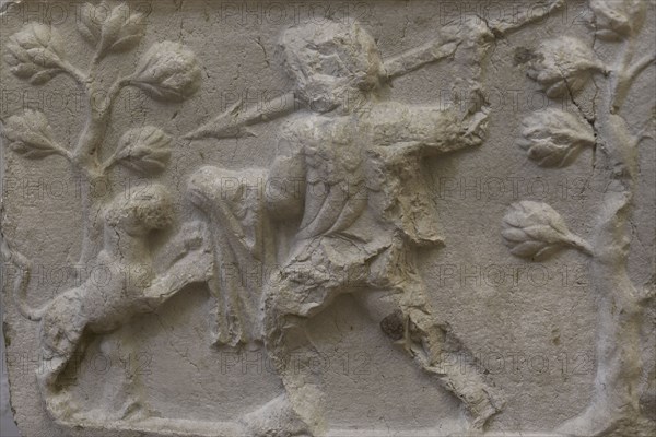 Man fighting a panther. Detail of the relief on a plate. First half of the 2nd century AD. From Stara Zagora (Augusta Traiana), Bulgaria. National Archaeological Museum. Sofia. Bulgaria.