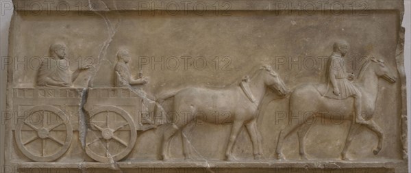 Relief depicting a scene of wheeled transport from Lower Moesia and Thrace. Marble. Early 4th century BC. Sarcophagus of Shapla-dere, Maritsa River delta, Northern Greece. National Archeological Museum. Sofia. Bulgaria.