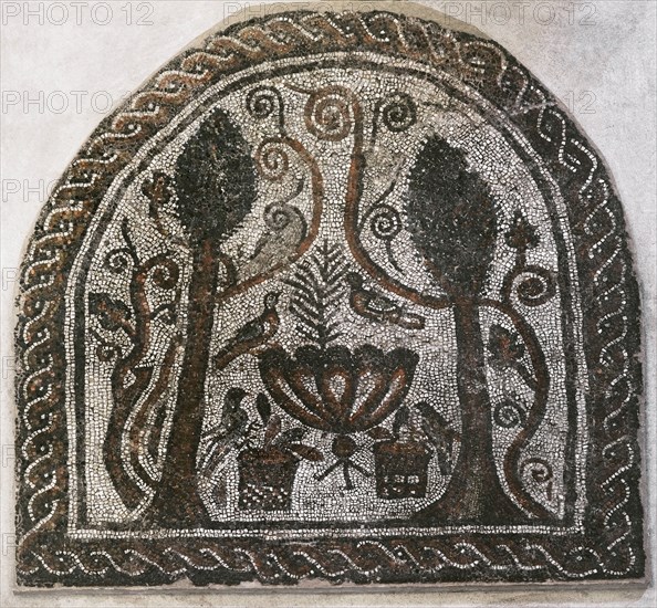 Floor mosaic from the Basilica of  St. Sophia in Sofia, Bulgaria. It was located in the apse of the first ecclesiastical building on the site of the basilica. First quarter of the 4th century AD. Symbolic depiction of the Christian Paradise. Two cypresses on both sides, intertwined with vine branches (rinceaux). The doves represent the souls of believers. Made of stone and coloured glass tesserae using the opus vermiculatum and opus tesselatum techniques. 2,70 x 2,60 m. National Archaeological Museum. Sofia. Bulgaria.