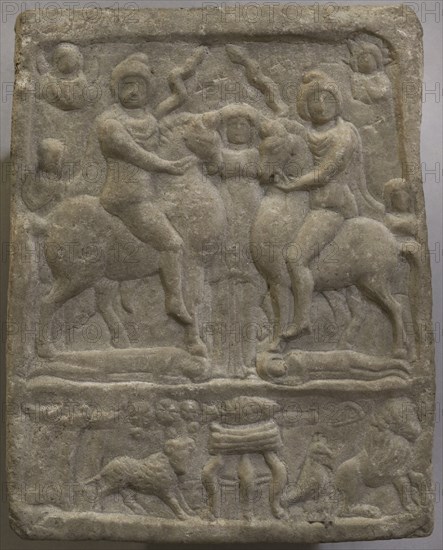 Marble votive tablet depicting the Danube horsemen. 2nd-3rd centuries AD. From Lom (ancient Roman city of Almus), Montana region, Bulgaria. National Archaeological Museum. Sofia. Bulgaria.