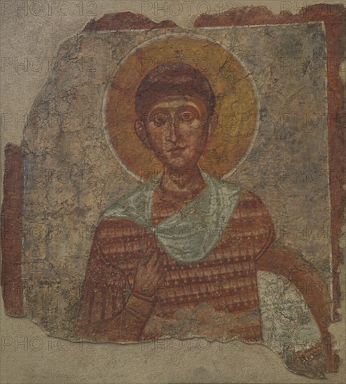 St. Demetrius of Thessalonica (ca. 270- ca. 306). Greek Christian martyr who suffered martyrdom in Sirmium (present-day Sremska Mitrovica, Serbia). Fresco. 12th-13th centuries. From the Church of St. Nicholas in Melnik, Blagoevgrad, Bulgaria. National Archaeological Museum. Sofia. Bulgaria.