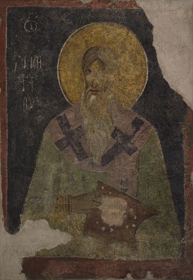 St. Gregory Dekapolite (ca. 762-842). Monk born in Irenopolis, one of the cities of the Decapolis of Isauria. He moved from the monastic life to the anchorite life, going on pilgrimage to various places until he died in Constantinople. Portrait. Fresco. 12th-13th centuries. From the Church of St. Nicholas in Melnik, Blagoevgrad region, Bulgaria. National Archaeological Museum. Sofia. Bulgaria.