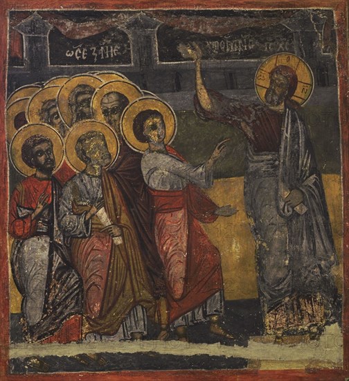 The unbelief of St. Thomas the Apostle. Thomas denies the Resurrection of Christ, as long as he is not able to see and touch the wounds suffered by Jesus on the Cross. Mural painting. From the Church of St. Petka. Krapets, Pernik region, Bulgaria. 17th century. National Archaeological Museum. Sofia. Bulgaria.