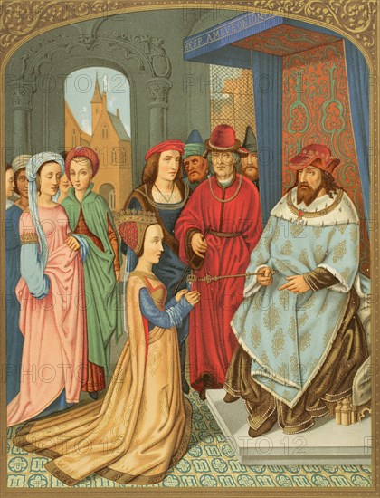 The Queen of Sheba before Solomon. Costume of 15th century. The king extends his scepter to the queen to symbolise that he welcomes the person and the gift offered to him. Five ladies accompany the queen. Six courtiers of Solomon stand to the right of the throne. Chromolithography after a miniature from the Breviary of the cardinal Grimani, attributed to Memling, 1520. ""Moeurs, usages et costumes au moyen-age et a l'epoque de la Renaissance"", by Paul Lacroix. Paris, 1878.