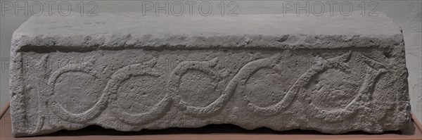 Neolithic Period. Temple Period (3600 to 2500 BC). Tarxien Temple Complex. Malta. Built in honour of a mother goddess of fertility. Reliefs on one of the stone blocks, decorated with borders. National Museum of Archaeology. Valletta. Malta.