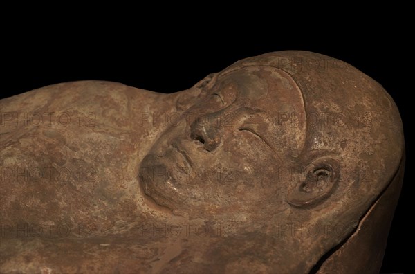 Anthropomorphic terracotta sarcophagus. Found in Ghar Barka, on the outskirts of Rabat (Malta). 6th century BC. Detail. National Museum of Archaeology. Valletta. Malta.