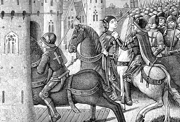 On May 24, 1429, Joan of Arc and her troops attacked the English and took control of their camp at Margny. But reinforcements arrived for the English and the French were driven back to Compiegne. What exactly happened is not known, but most of the French troops managed to enter the city. Before Joan could cross the drawbridge, the captain of the French garrison raised the drawbridge and closed the gate. Joan was taken prisoner, as seen here in this engraving dating to 1484 and housed in the National Library in Paris.