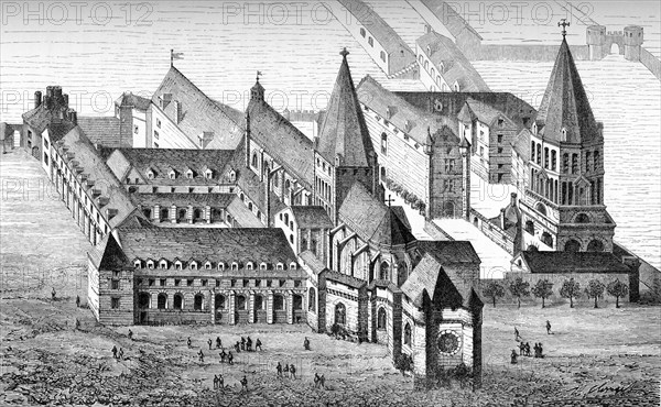 The Abbey of St. Florent-Les Saumur was where Joan of Arc went to visit the Duchess of d'Alencon, the daughter of the Duke of Orleans. She promised the duchess to free her father, who was a prisoner of the English. The majority of the abbey structures as shown in this illustration, from around the 1700s, date to the 11th through 13th centuries. The church was known as the ""Belle d'Anjou."" .