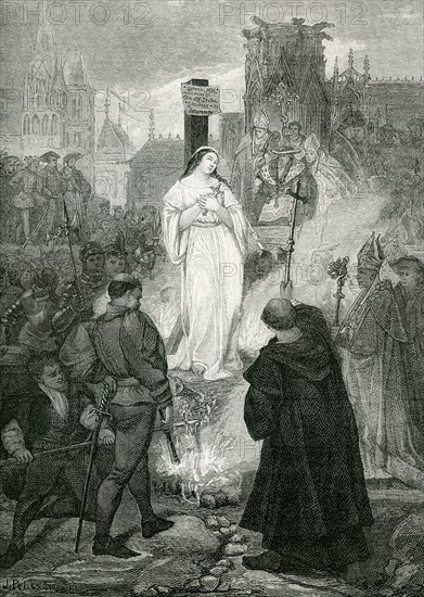 This illustration dates to the 19th century. It shows Jeanne d'Arc at the stake. It is housed in the museum at Angers and was painted by 19th century French Romantic painter Eugene Deveria.