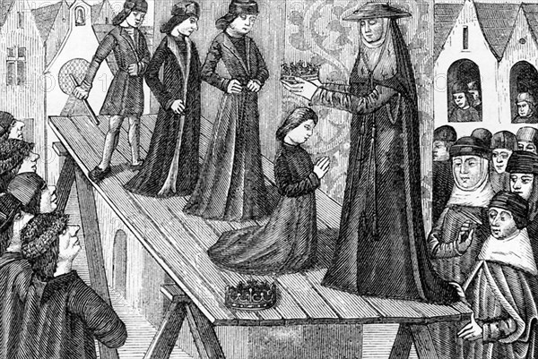 In this miniature from ""Vigiles de Charles VII"" that dates to 1484, Henri VI of England is shown being crowned king of France as well. The coronation took place on December 16, 1431, when Winchester, a cardinal from England, cane to Notre Dame Cathedral in Paris and crowned the young Henry with the two crowns, one of England and one of France. This happened after the French, under Joan of Arc, defeated the English and the English were trying to protect their interest in France.