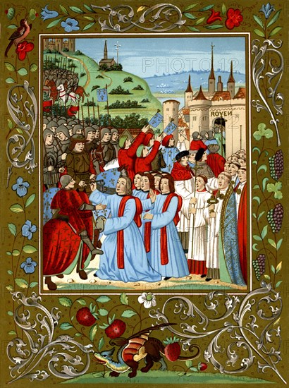 Charles and Rouen: King Charles VII of France enters the castle at Rouen, October 26, 1449. Charles is riding the horse draped in a red mantle (at lower left). The magistrates of the city pay homage to him and one presents him with the keys to the city. Charles sent Joan of Arc to siege of Orleans.