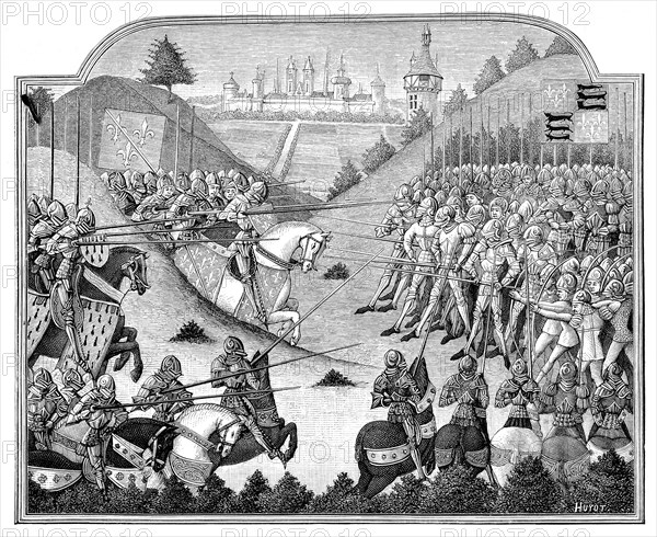 This engraved miniature depicts the Battle of Formigny, near Bayeux in France. The French troops (left) of Dunois and Richemont attacked the English, but were defeated by them on April 15, 1450. The battle was one of many during the Hundred Years' War between the French and English (1337-1453). .