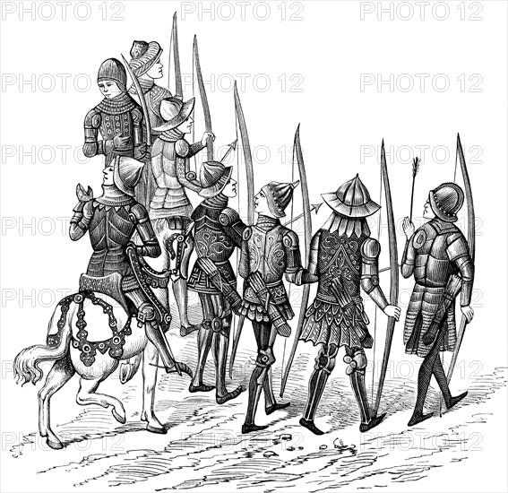 This detailed illustration depicts a French captain and his archers from the time period of the Hundred Years' War between the French and English (1337-1453). The engraving is from the Chronicles of Hainaut. Hainaut was the name of an area that is now in Belgium. .