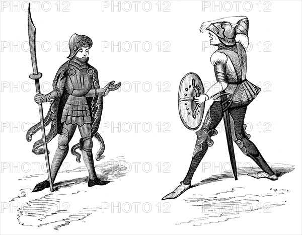 This detailed illustration depicts two French soldiers from the time period of the Hundred Years' War between the French and English (1337-1453). The one on the left holds a fauchard, spear-type weapon with a curved blade. The one on the right holds a round shield. The engraving is from the Chronicles of Hainaut. Hainaut was the name of an area that is now in Belgium. .