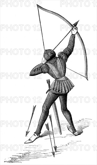 This detailed illustration depicts two French soldiers from the time period of the Hundred Years' War between the French and English (1337-1453). This engraving shows an archer just as he is about to shoot an arrow. The engraving is from the Chronicles of Hainaut. Hainaut was the name of an area that is now in Belgium. .