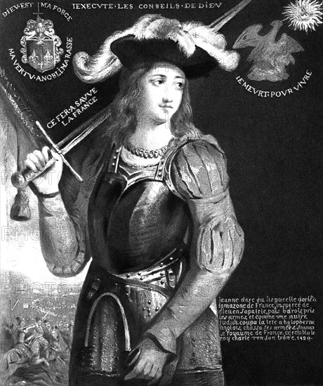 There have been many representations of Joan of Arc (1412-1431), the French saint and national heroine. This one shows her in armor, with a plumed hat, and dates to around 1800. The French words by the sword translate: ""This iron protects France."".