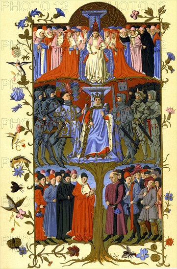 This illuminated illustration from a book dated 1450 that is housed in the library of the Arsenal in Paris illustrates the Three Classes of Society in 1400s France. At the top is the clergy, with the pope as the head; in the middle is the nobility with the king as head, and at the bottom are the people, divided into two groups: the middle class and the workers.