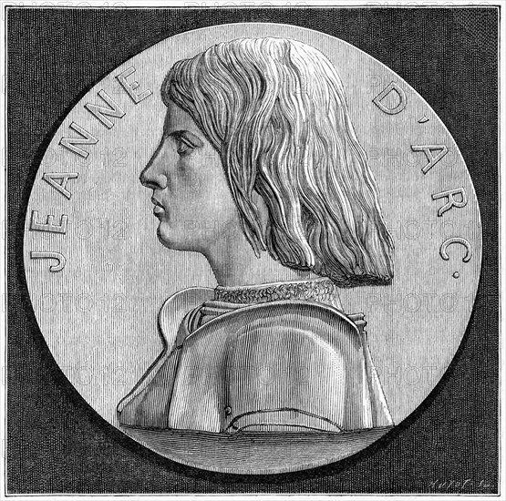 This bronze medallion by 19th-century French sculptor Michel Henri Chapu shows the bust of the French heroine Joan of Arc (1412?-1431). It is part of the decoration within the church of Saint Aspais in Melun, France.