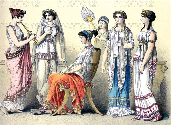 The figures illustrate Greek women, from left to right: flute-player and five women of the upper classes.