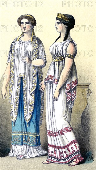 The figures illustrate two Greek women of the upper classes. The illustration dates to 1882.