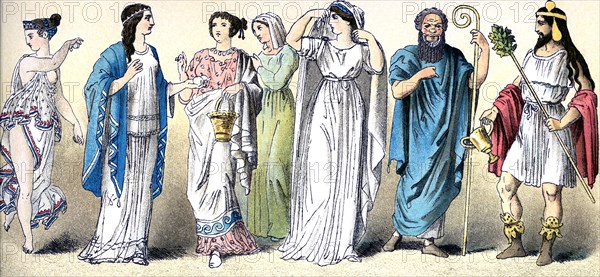 The figures illustrate, from left to right, five ancient Greek women (from different classes and in a variety of outfits) and two ancient Greek actors (the one second from right wears a typical drama mask).